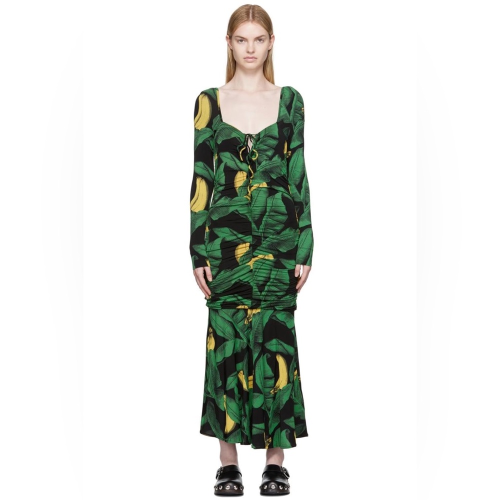 Ganni BNWT Green Black Banana Dress MIDI 36